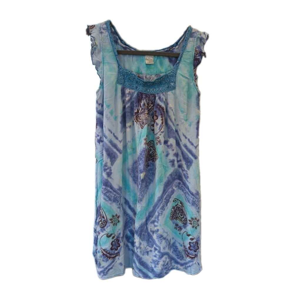 Bila Tank Dress M Gauzy Crinkle Tie Dye Ruffle Bohemian‎ Jeweled Festival Hippie